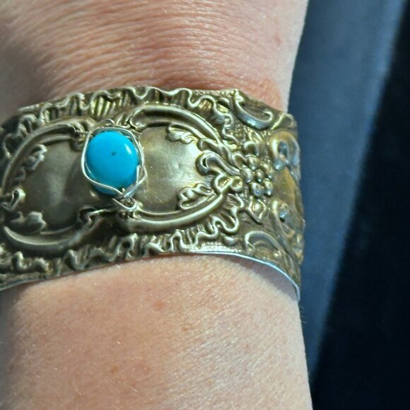 Antique Sterling Silver Cuff Bracelet Sleeping Beauty Turquoise 925 Victorian - Picture 8 of 12